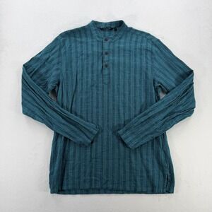 Melange Shirt Mens Medium Blue Striped Long Sleeve Band Collar Cotton Casual